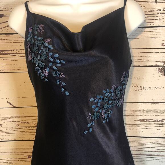 Y2K Alex Evenings navy beaded slip cowl neck floral satin formal Gown small - Picture 16 of 16
